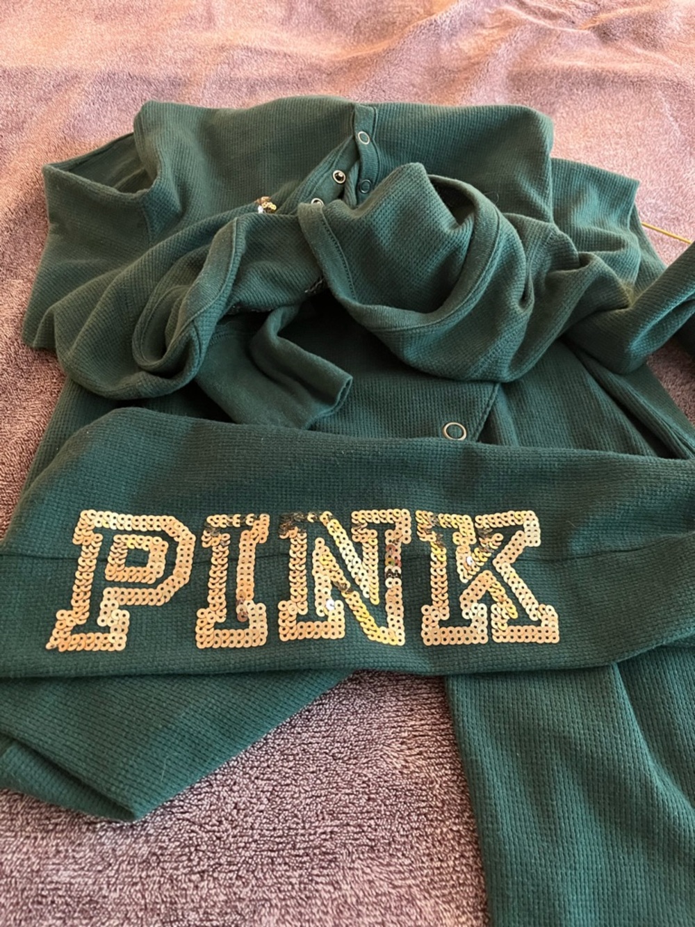 PINK Victoria's Secret Dark Green, Sequins Onesie Sleep PJ’s Happy Holla days